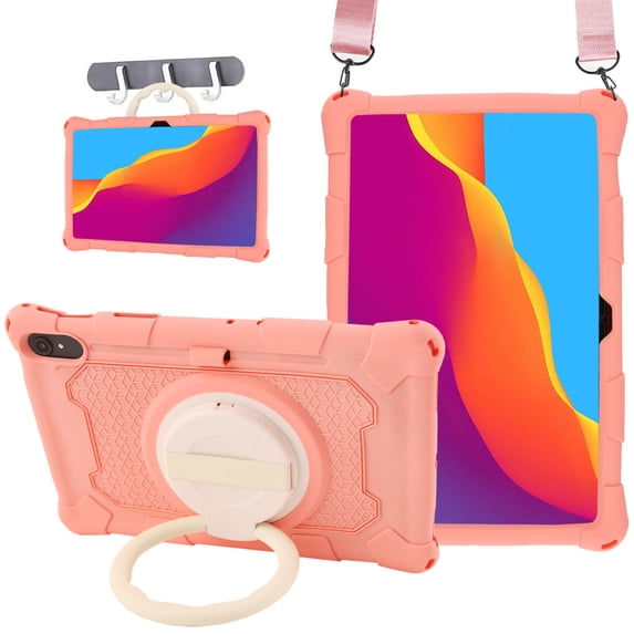 ELEHOLD 3 Layers Case For Samsung Tab A7 Lite 8.7 (2021) Portable Handle Grip Design Shockproof Cover with Rotatable Kickstand & Pencil Holder & Shoulder Strap, Pink