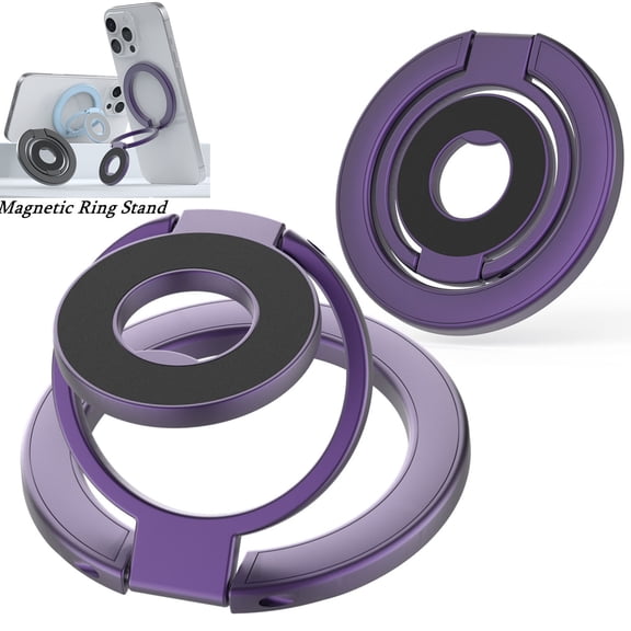 ELEHOLD 3-in-1 Dual-Sided Mag-Safe Magnetic Ring Stand , Ultra Slim Triple Fold Kickstand Holder, Strong Magnet Grip Adjustable Angle Phone Ring for iPhone Samsung Google, Purple