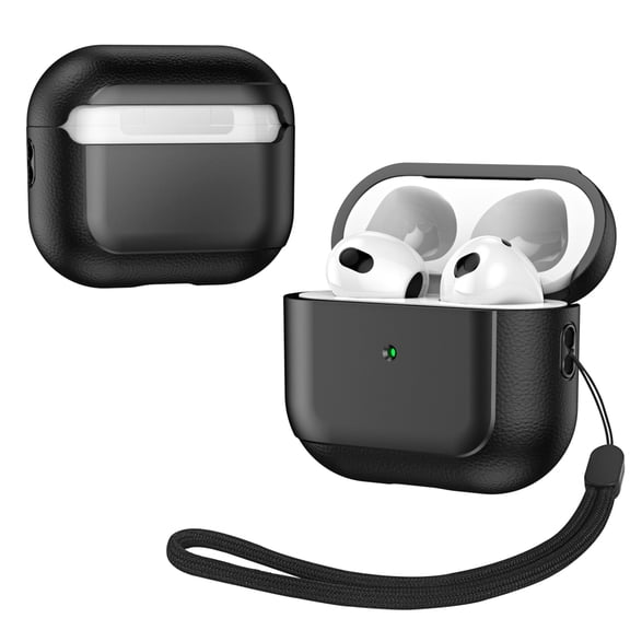 ELEHOLD For AirPods 3rd Gen (2021) Case, Premium PU Leather Slim Fit Supports Wireless Charging Front LED Visible Shockproof Protective Case Cover with Lanyard,Black
