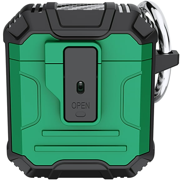 ELEHOLD AirPods Case for Airpods 2 & 1, Secure Lock Clip Full-Body Hard Shell Rugged Anti-Drop Shockproof Protective Case with Carabiner for Apple Airpods 2 &1,Darkgreen