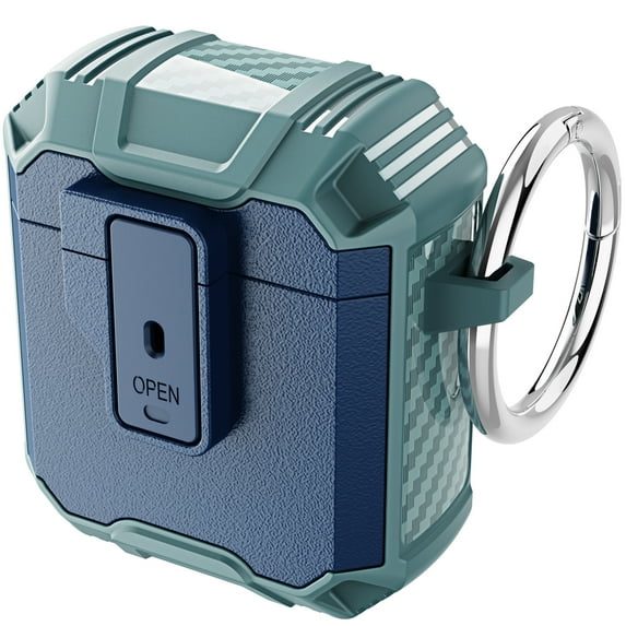 ELEHOLD for Airpods 1 & 2 Rugged Case, Secure Lock Clip Auto Pop-Out Lid Keychain Armor Shockproof Bumper Military Grade Full-Body Hard Protective Cases for Men Women,Darkblue+Green