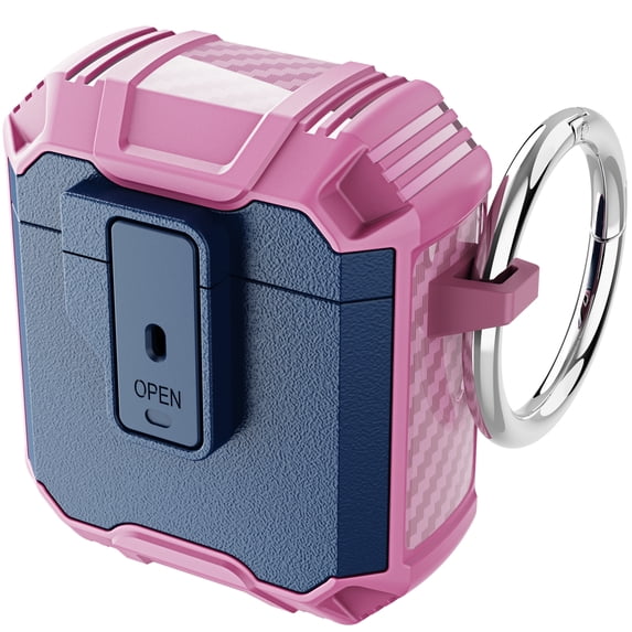 ELEHOLD for Airpods 1 & 2 Rugged Case, Secure Lock Clip Auto Pop-Out Lid Keychain Armor Shockproof Bumper Military Grade Full-Body Hard Protective Cases for Men Women,Darkblue+Pink
