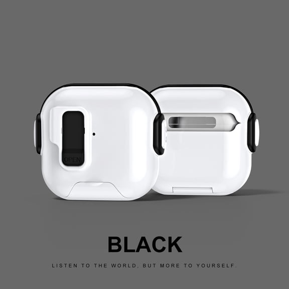 ELEHOLD For Airpods 4 (2024) Protective Case, Shocproof Slim Wireless Charging Built-in Stand Safety Lock Protective Cover with Anti-Loss Keychain Lanyard , Black