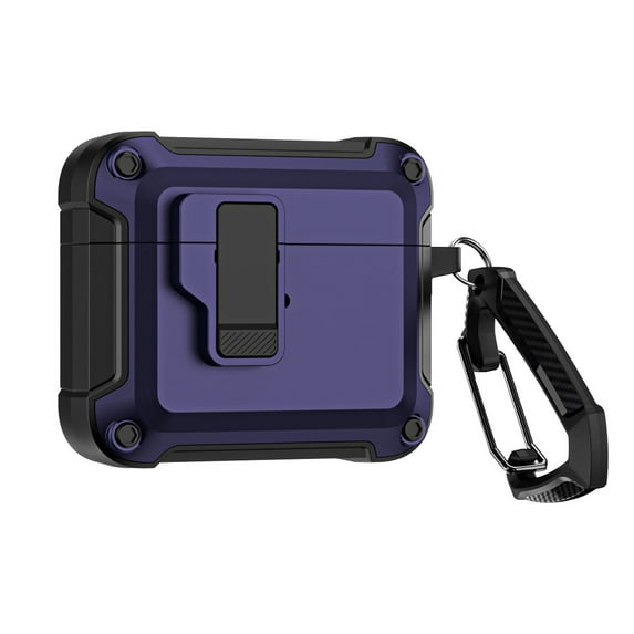 ELEHOLD For Airpods Pro (2019) Armor Case Heavy Duty Shockproof Cover, Full Body Protection, with Button Lock & Carabiner, Compatible with Wireless Charging - Purple