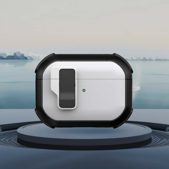 ELEHOLD For Airpods Pro (2019) Rugged Headphone Case Secure Lock Support Wireless Charging Military Full-Body Rugged Shockproof Case Cover with Keychain,Blackwhite