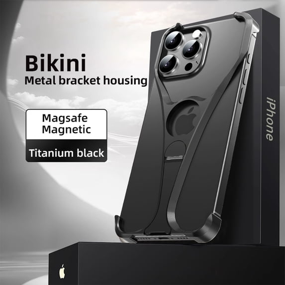 ELEHOLD Aluminum Alloy Frameless For iPhone 16 Pro, Compatible with Mag-Safe,Metal Magnetic Invisible Kickstand Metal Frameless Design Slim Fit Bumper Shockproof Case For iPhone 16 Pro,Black
