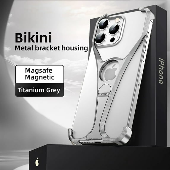 ELEHOLD Aluminum Alloy Frameless For iPhone 15 Pro Max, Compatible with Mag-Safe,Metal Magnetic Invisible Kickstand Metal Frameless Design Slim Fit Bumper Shockproof Case For iPhone 15 Pro Max,Gray
