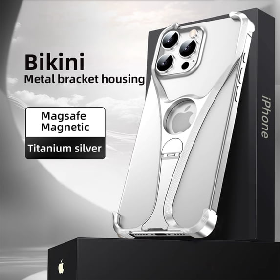 ELEHOLD Aluminum Alloy Frameless For iPhone 15 Pro Max, Compatible with Mag-Safe,Metal Magnetic Invisible Kickstand Metal Frameless Design Slim Fit Bumper Shockproof Case For iPhone 15 Pro Max,Silver