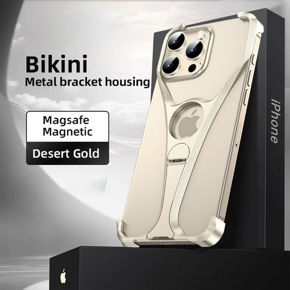 ELEHOLD Aluminum Alloy Frameless For iPhone 16 Pro, Compatible with Mag-Safe,Metal Magnetic Invisible Kickstand Metal Frameless Design Slim Fit Bumper Shockproof Case For iPhone 16 Pro,Gold