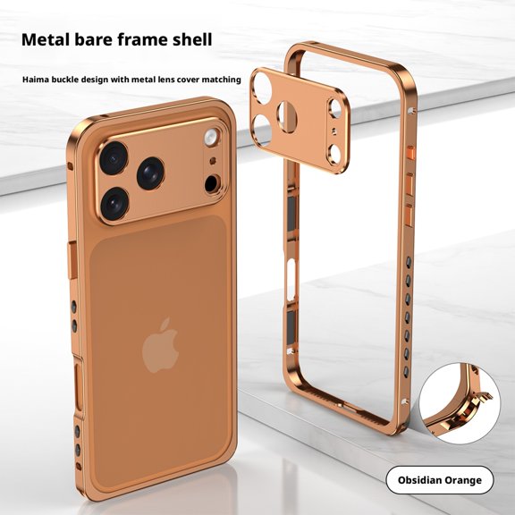 ELEHOLD Aluminum Bumper Case for iPhone 17 Pro, Shockproof Metal Frame Cover with Independent Camera Protector,Orangeblack
