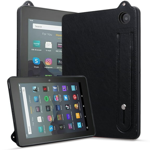 ELEHOLD for Amazon Fire HD 8 (8th/7th/6th Generation) Case, Slim Fit Protective PU Leather Business Wrist Strap Stand Shock-Resistant Protective Cover,Black