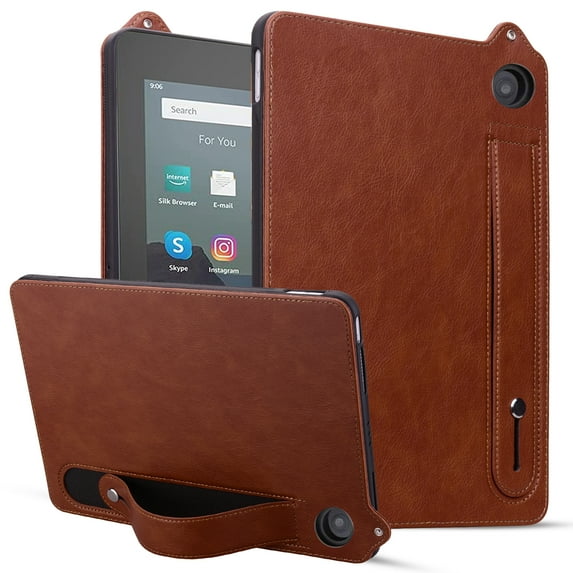 ELEHOLD for Amazon Fire HD 8 (8th/7th/6th Generation) Case, Slim Fit Protective PU Leather Business Wrist Strap Stand Shock-Resistant Protective Cover,Brown