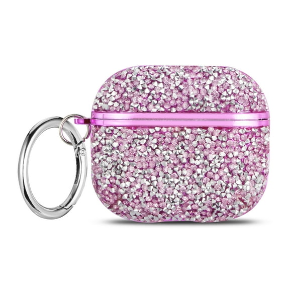 ELEHOLD for Apple AirPods 3rd Gen 2021 Shiny Sparkle Bling Case, Crystal Diamond Sparkling Glittering Powder Surface Electroplated Frame AirPods Cover Case with Carabiner Keychain,Purple
