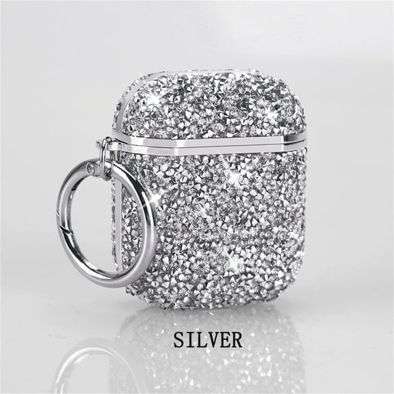 ELEHOLD for Apple Airpods 2 &1 Shiny Sparkle Bling Case, Crystal Diamond Sparkling Glittering Powder Surface Electroplated Frame AirPods Cover Case with Carabiner Keychain,Silver