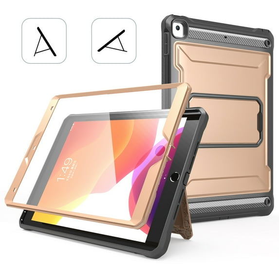 ELEHOLD for Apple iPad 10.2 inch 9th/8th/7th (2021/2020/2019) Rugged Case, Heavy Duty with Screen Protector Kickstand Function Drop Protection Shockproof Tablet Case, Gold