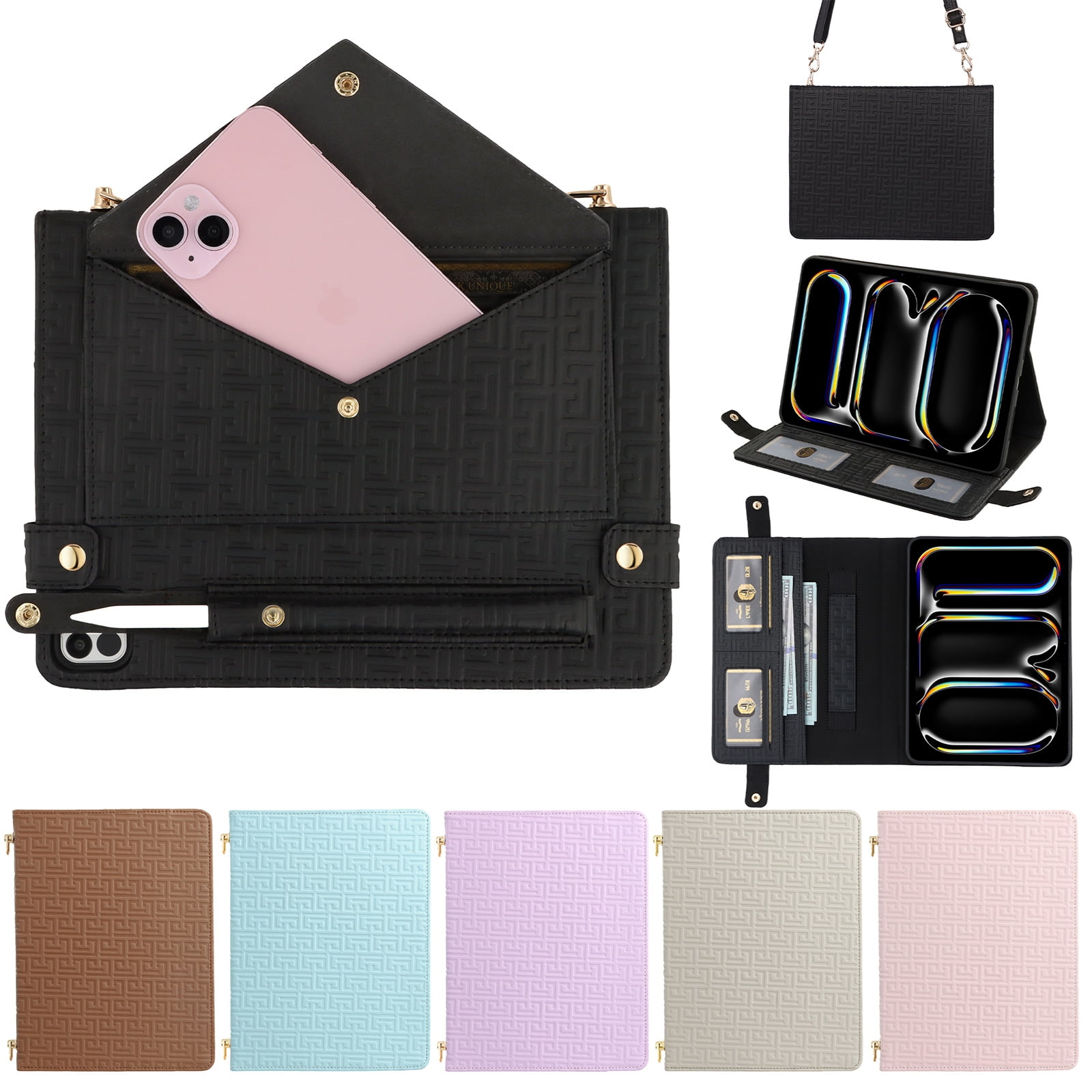 ELEHOLD for Apple iPad 10th Gen Case, Soft PU Leather Pencil Holder Money Pocket Card Holder Kickstand S Pen Slot Shockproof Flip Cover with Shoulder Strap,Black