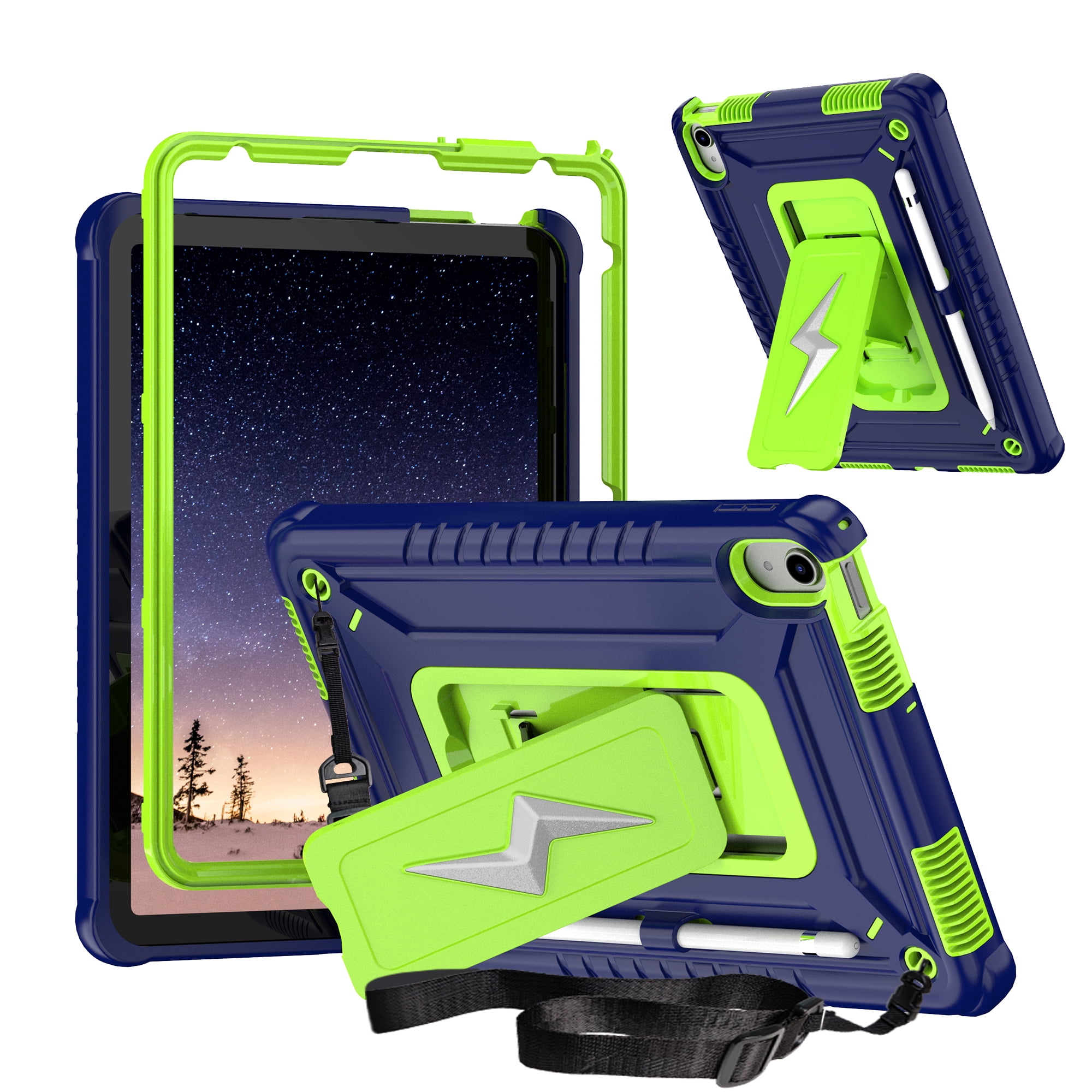 ELEHOLD For Apple iPad 11th(A16)/10th 10.9 Inch Case,Rugged Shockproof 3-Layer Kickstand Pencil Holder Protective Case with Shoulder Strap for Kids, School, Outdoor Travel,Navyblueolivine