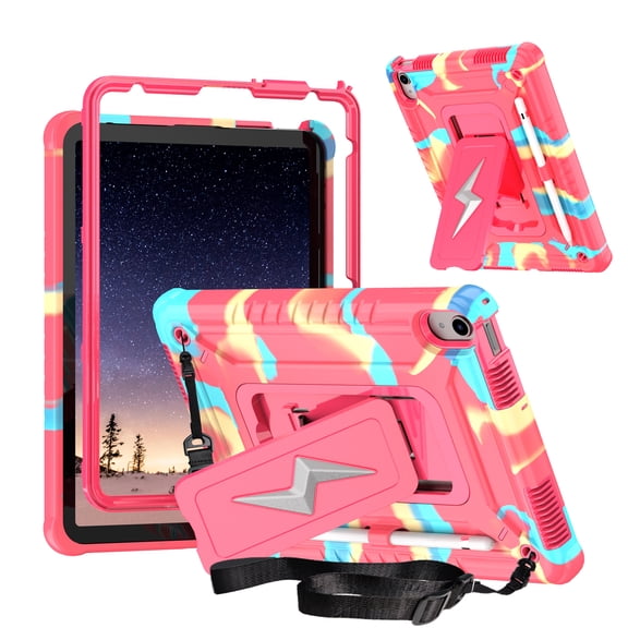 ELEHOLD For Apple iPad 11th(A16)/10th 10.9 Inch Case,Rugged Shockproof 3-Layer Kickstand Pencil Holder Protective Case with Shoulder Strap for Kids, School, Outdoor Travel,Rainbowrose