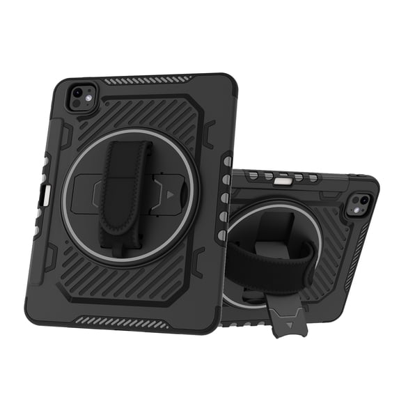 ELEHOLD for Apple iPad Pro 11 Inch (2024), Heavy Duty Rugged Case Hidden Kickstand Handstrap Wristband Pencil Holder Shockproof Anti-Scratch Hybrid Case,Black