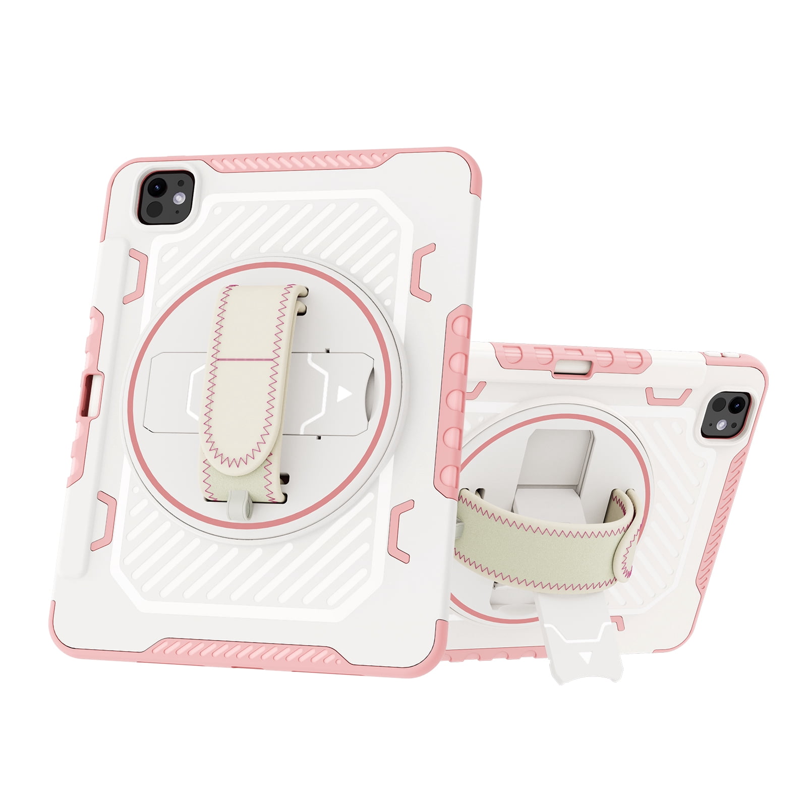 ELEHOLD for Apple iPad Pro 11 Inch (2024), Heavy Duty Rugged Case Hidden Kickstand Handstrap Wristband Pencil Holder Shockproof Anti-Scratch Hybrid Case,Pink