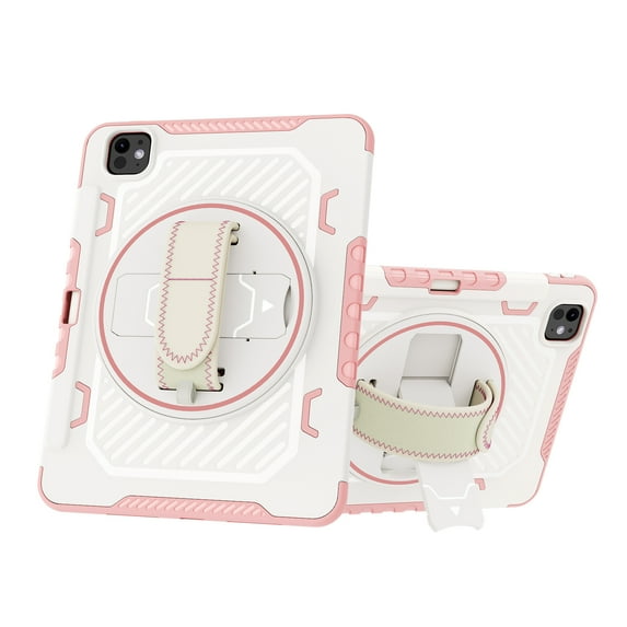 ELEHOLD for Apple iPad Pro 13 Inch (2024), Heavy Duty Rugged Case Hidden Kickstand Handstrap Wristband Pencil Holder Shockproof Anti-Scratch Hybrid Case,Pink