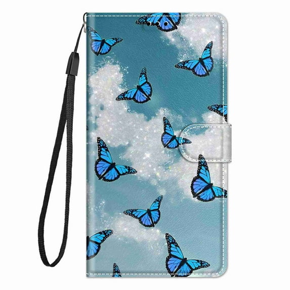 ELEHOLD for Apple iPhone 11 Pro Credit Card Wallet Case, Shockproof Drop Protection Wireless Charging Vegan PU Leather Magnetic Adjustable Stand Cover with Wrist Strap, Clouds & Butterfly
