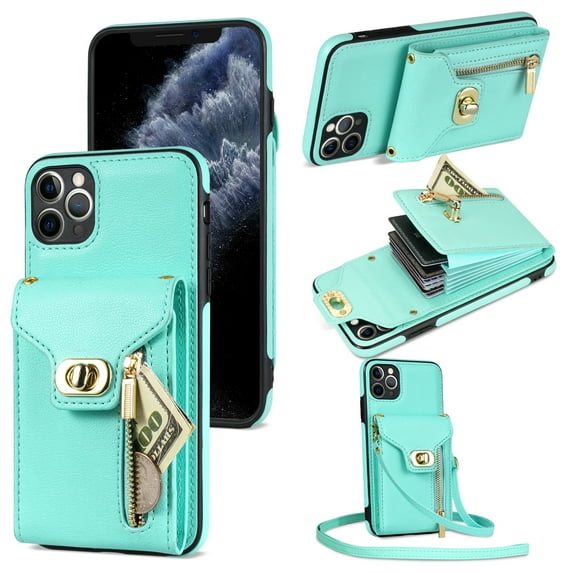 ELEHOLD for Apple iPhone 11 Pro Max Zipper Pocket Case, Flip PU Leather Wallet Crossbody Shoulder Strap Lanyard Case with Credit Card Holder Women RFID Blocking Protective Purse Cover, mint
