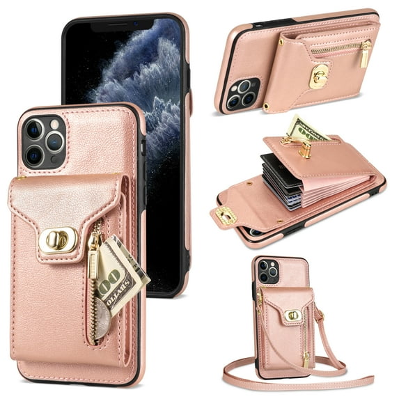 ELEHOLD for Apple iPhone 11 Pro Zipper Pocket Case, Flip PU Leather Wallet Crossbody Shoulder Strap Lanyard Case with Credit Card Holder Women RFID Blocking Protective Purse Cover, rosegold