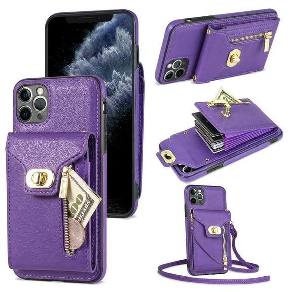 ELEHOLD for Apple iPhone 11 Pro Zipper Pocket Case, Flip PU Leather Wallet Crossbody Shoulder Strap Lanyard Case with Credit Card Holder Women RFID Blocking Protective Purse Cover, purple