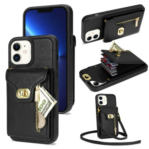 ELEHOLD for Apple iPhone 11 Zipper Pocket Case, Flip PU Leather Wallet Crossbody Shoulder Strap Lanyard Case with Credit Card Holder Women RFID Blocking Protective Purse Cover, black
