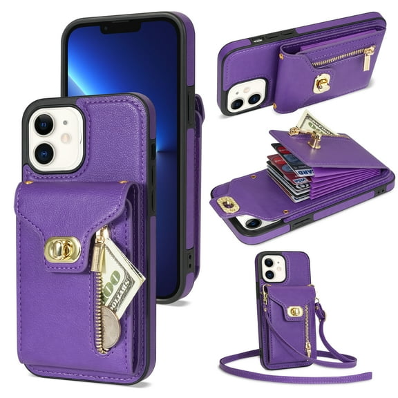 ELEHOLD for Apple iPhone 11 Zipper Pocket Case, Flip PU Leather Wallet Crossbody Shoulder Strap Lanyard Case with Credit Card Holder Women RFID Blocking Protective Purse Cover, purple