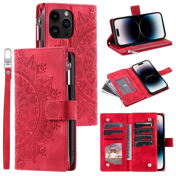 ELEHOLD for Apple iPhone 12 Pro / 12 Multi-Function Wallet Case, Zipper Magnetic PU Leather Wrist Strap Card Holder Protective Wallet Stand for Women and Men Cover, red