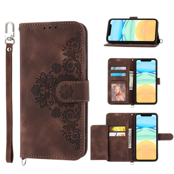 ELEHOLD for Apple iPhone 12 Pro Max Shoulder Crossbody Wallet Case with Card Slots, Floral Embossed PU Leather Wallet Flip Protective Kickstand Wrist Strap Cover, brown