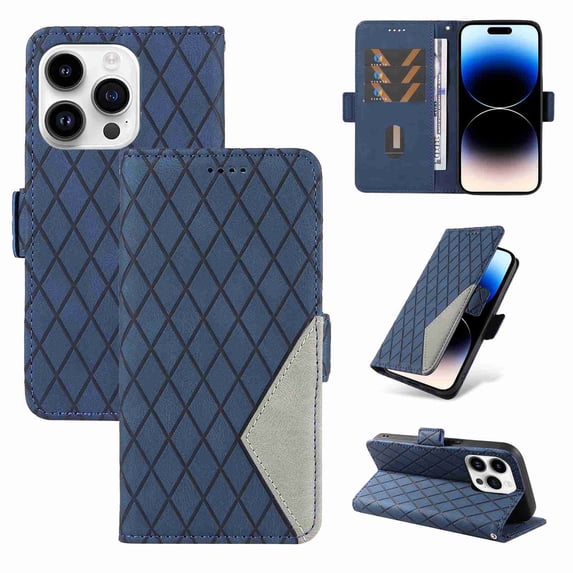 ELEHOLD for Apple iPhone 13 Magnetic Splicing Cover, Shockproof Premium Vintage PU Leather RFID Blocking Card Slots Protective Slim Fit Folio Stand with Wrist Strap Phone Case, blue