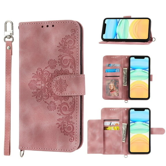 ELEHOLD for Apple iPhone 13 Shoulder Crossbody Wallet Case with Card Slots, Floral Embossed PU Leather Wallet Flip Protective Kickstand Wrist Strap Cover, pink
