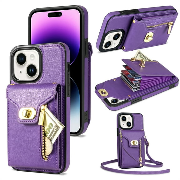 ELEHOLD for Apple iPhone 14 Plus Zipper Pocket Case, Flip PU Leather Wallet Crossbody Shoulder Strap Lanyard Case with Credit Card Holder Women RFID Blocking Protective Purse Cover, purple