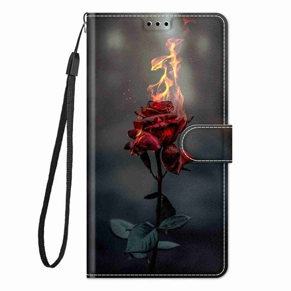 ELEHOLD for Apple iPhone 14 Pro Max Credit Card Wallet Case, Shockproof Drop Protection Wireless Charging Vegan PU Leather Magnetic Adjustable Stand Cover with Wrist Strap, Fire Rose