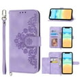 thumbnail image 1 of ELEHOLD for Apple iPhone 14 Pro Shoulder Crossbody Wallet Case with Card Slots, Floral Embossed PU Leather Wallet Flip Protective Kickstand Wrist Strap Cover, purple, 1 of 1