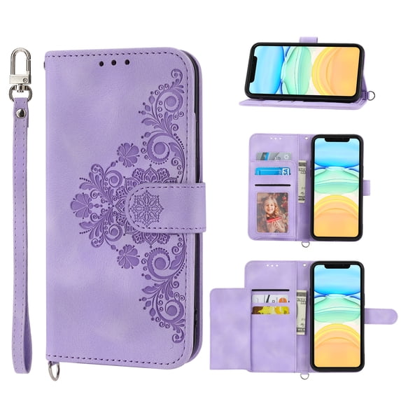 ELEHOLD for Apple iPhone 14 Pro Shoulder Crossbody Wallet Case with Card Slots, Floral Embossed PU Leather Wallet Flip Protective Kickstand Wrist Strap Cover, purple