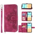 thumbnail image 1 of ELEHOLD for Apple iPhone 14 Pro Shoulder Crossbody Wallet Case with Card Slots, Floral Embossed PU Leather Wallet Flip Protective Kickstand Wrist Strap Cover, winered, 1 of 7