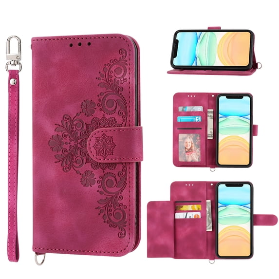 ELEHOLD for Apple iPhone 14 Pro Shoulder Crossbody Wallet Case with Card Slots, Floral Embossed PU Leather Wallet Flip Protective Kickstand Wrist Strap Cover, winered