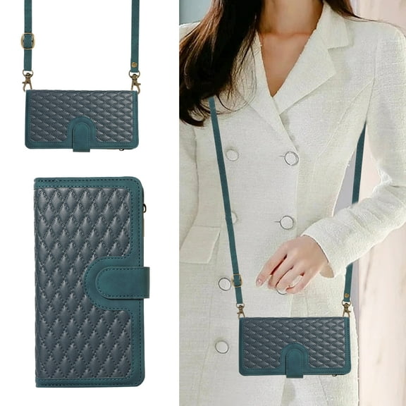 ELEHOLD for Apple iPhone 14 Wallet Case, Shockproof 9 Card Slots Detachable Adjustable Crossbody Necklace Lanyard Shoulder Strap Zipper Magnetic Leather Case, Green