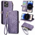 thumbnail image 1 of ELEHOLD for Apple iPhone 15 Pro Max Flip Wallet Case, Shockproof Premium Vintage PU Leather Magnetic Geometric Handbag Zipper Pocket Card Holders Kickstand Wrist Strap iPhone 15 Pro Max Cover,Purple, 1 of 15