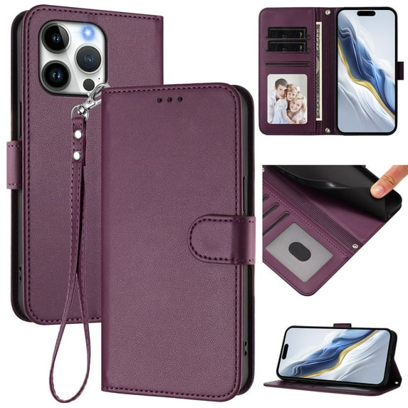 ELEHOLD For Apple iPhone 16e Flip PU Leather Wallet Case with Credit Card Slot RFID Blocking Kickstand Shock-Absorbent TPU Magnetic Protective Cover With Lanyard ,Violet