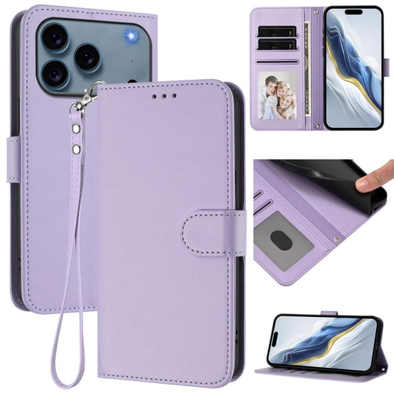 ELEHOLD For Apple iPhone 17 Flip PU Leather Wallet Case with Credit Card Slot RFID Blocking Kickstand Shock-Absorbent TPU Magnetic Protective Cover With Lanyard ,Lightpurple