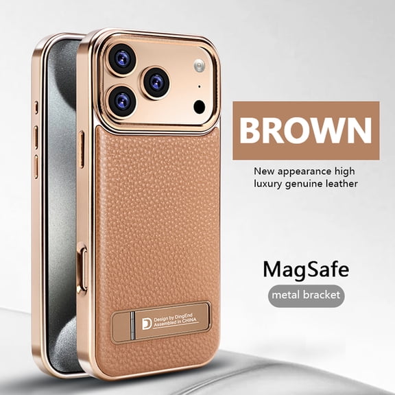 ELEHOLD For Apple iPhone 17 Magnetic Leather Case Cover, Shockproof Luxury Premium Leather Cover Foldable Kickstand Magnetic Non-Slip Anti-Scratch Case, Brown