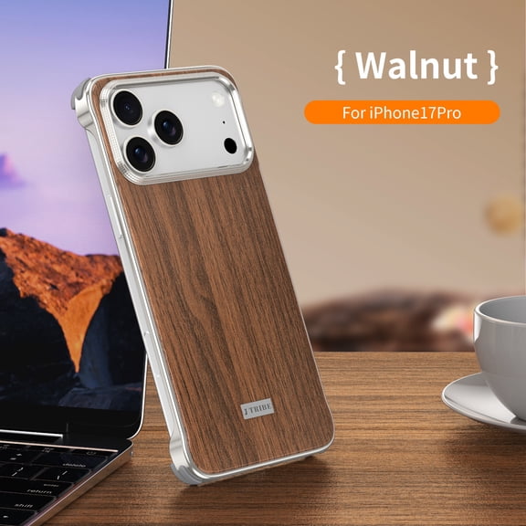ELEHOLD For Apple iPhone 17 Pro Back Cover Magnetic Protective Case with Wood Bamboo Texture Lightweight Metal Non-Slip Design Qi Wireless Charging Compatible Frameless Cover,A