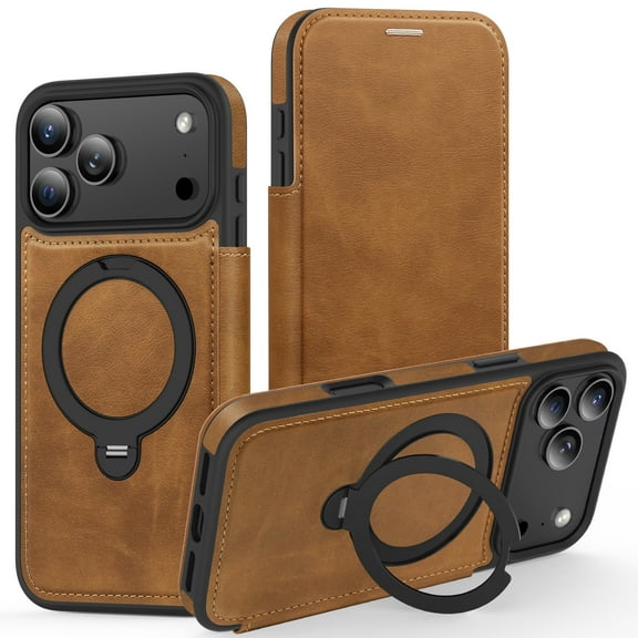 ELEHOLD For Apple iPhone 17 Pro Max Flip Protective Case Cover with Magnetic Ring Kickstand Shock-Absorbent PU Leather RFID Blocking Card Slot Wallet Case,Brown