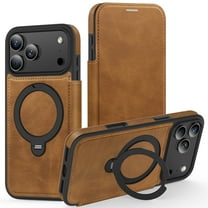 ELEHOLD For Apple iPhone 17 Pro Max Flip Protective Case Cover with Magnetic Ring Kickstand Shock-Absorbent PU Leather RFID Blocking Card Slot Wallet Case,Brown