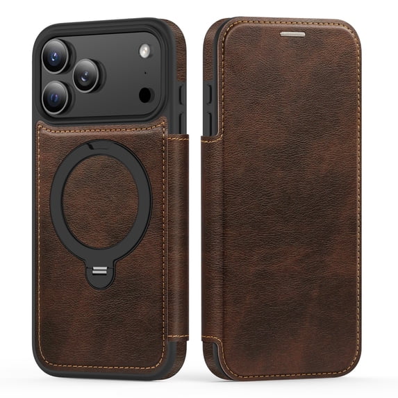 ELEHOLD For Apple iPhone 17 Pro Max Flip Protective Case Cover with Magnetic Ring Kickstand Shock-Absorbent PU Leather RFID Blocking Card Slot Wallet Case,Coffee